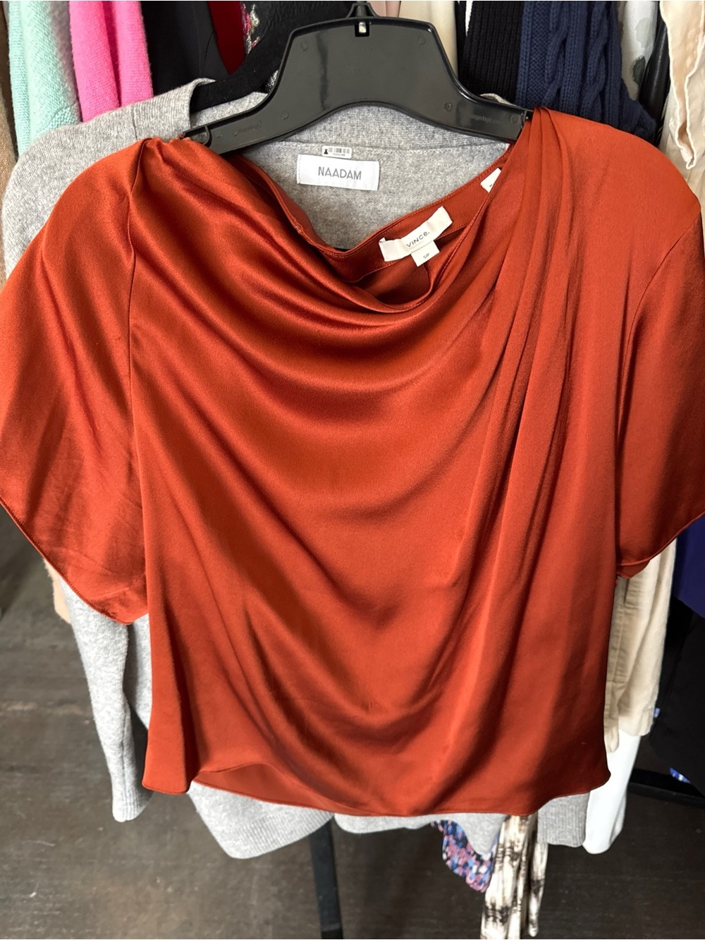 Quince Draped Satin Short Sleeve Blouse in Rust